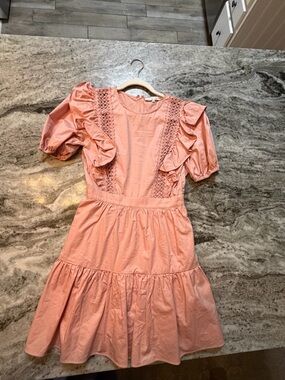 English Factory Peach Ruffle Sleeve Cotton Dress